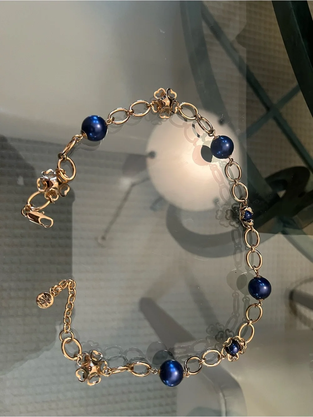 Tory Burch Gold Chain Bracelet with Navy Blue Beads